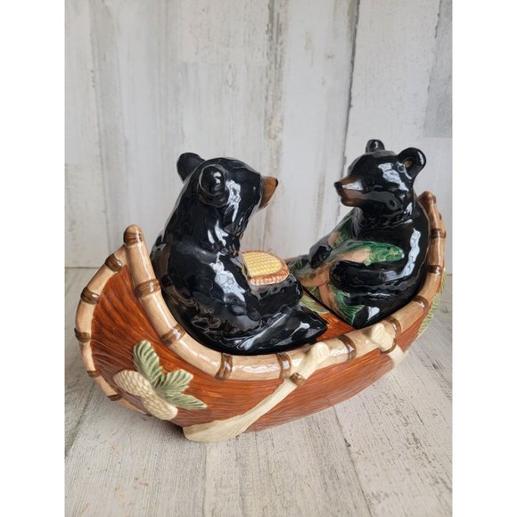 Ceramic black bears fishing couple canoe boat - Picture 2 of 12